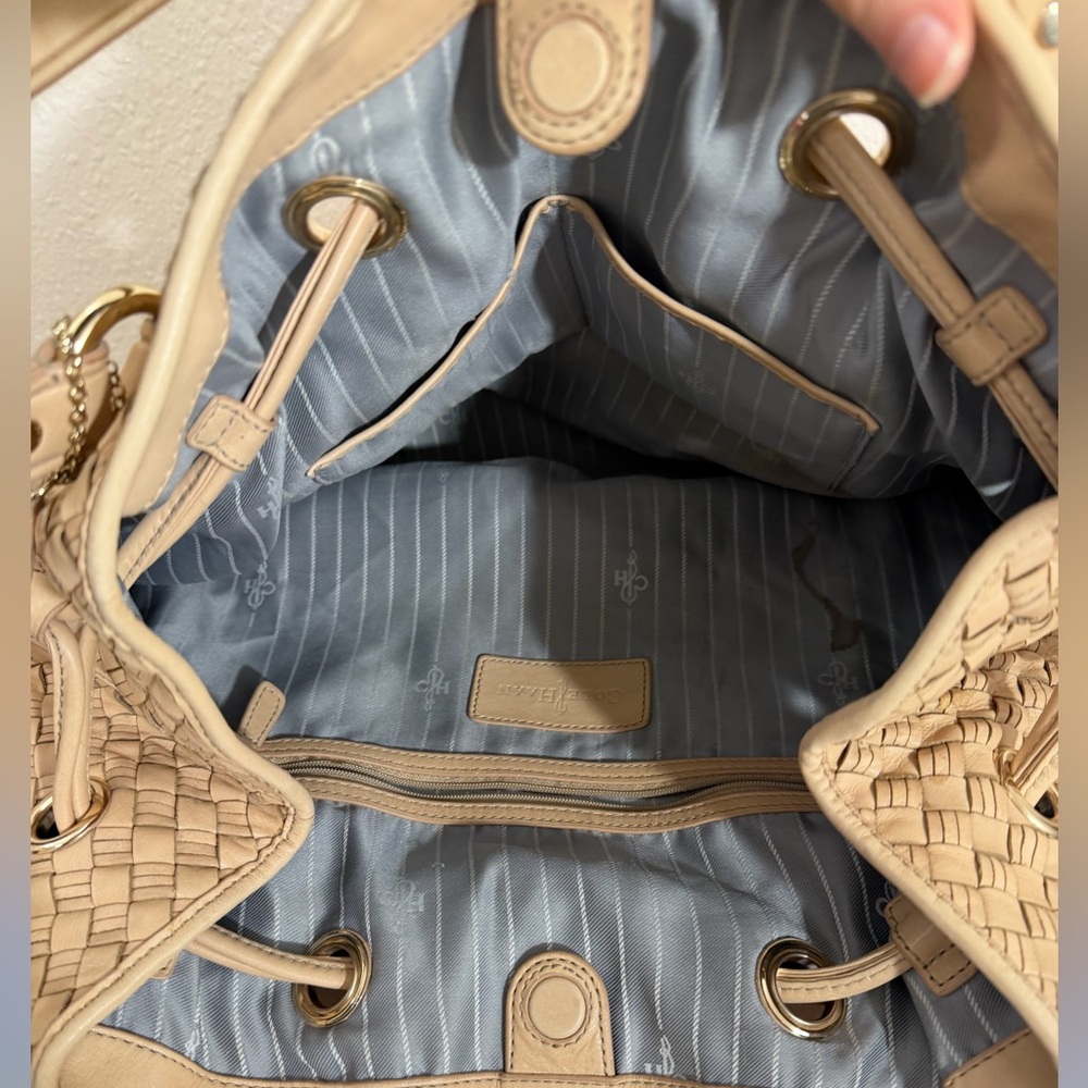 Cole Haan Tan Leather Shoulder Bag -Taylor Drawstring Woodbury Heritage Weave - Picture 7 of 16